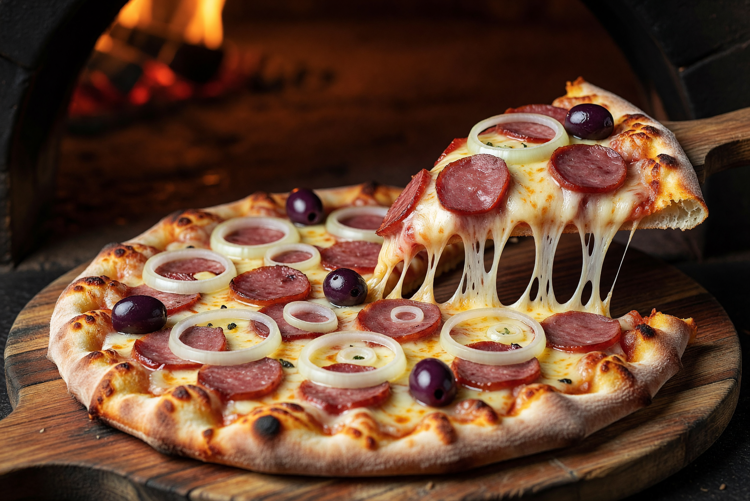 Pizza assando em forno a lenha